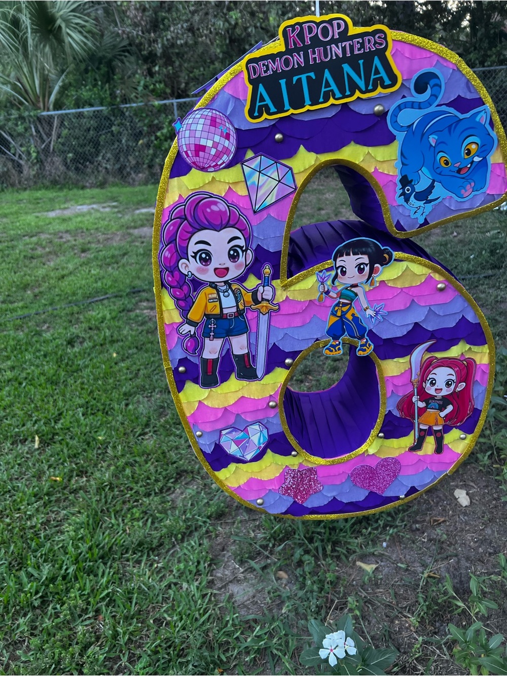 Custom K-Pop Demon Hunters Number 6 Party Decor - Pink Purple Yellow - Picture 4 of 5
